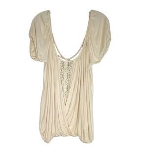 Free People Ann's Ruched Short Sleeve Scoop Neck Flowy Cream Top, Size L